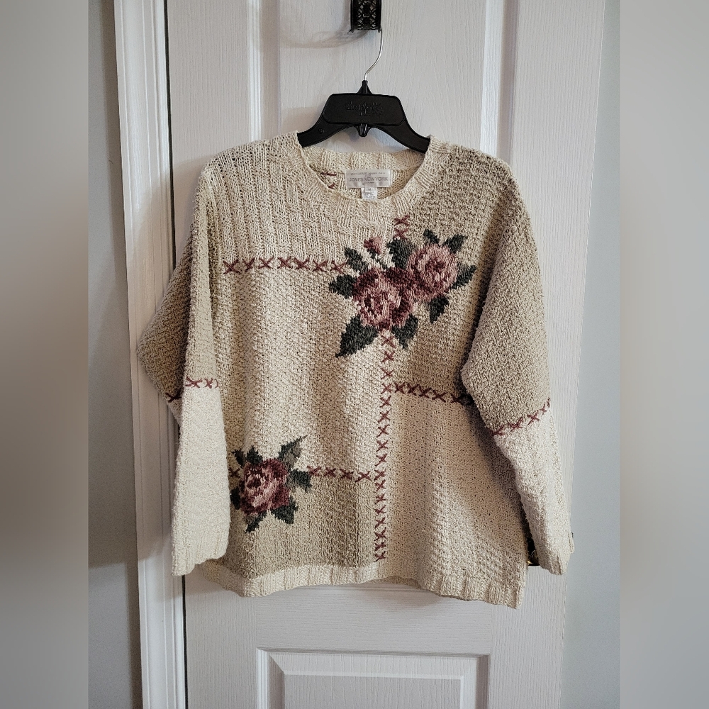 Vintage 90s Jones New York Hand Knit Floral Cottagecore Sweater Ramie Linen Med